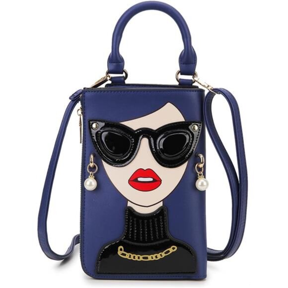 Lady Face Deep Blue Shoulder Bags Funky Vegan Leather Top Handle Satchel